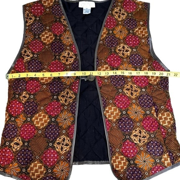 Vintage Cache Beaded Vest Medium Faux Leather Trim Ties Earth Tones Retro - Picture 11 of 13